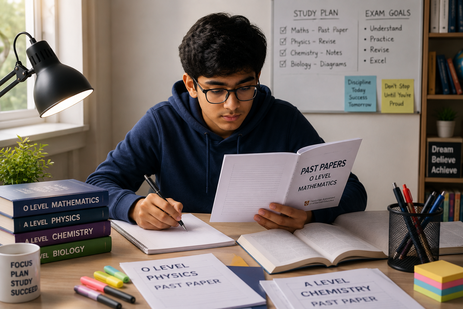 Student preparing for exams with past papers