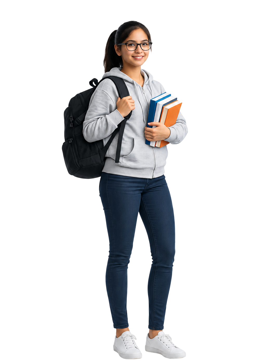 Student with books and backpack
