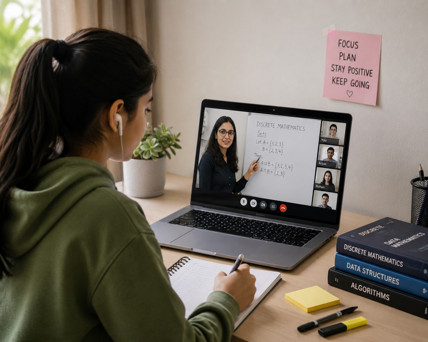 Student attending an online class on a laptop
