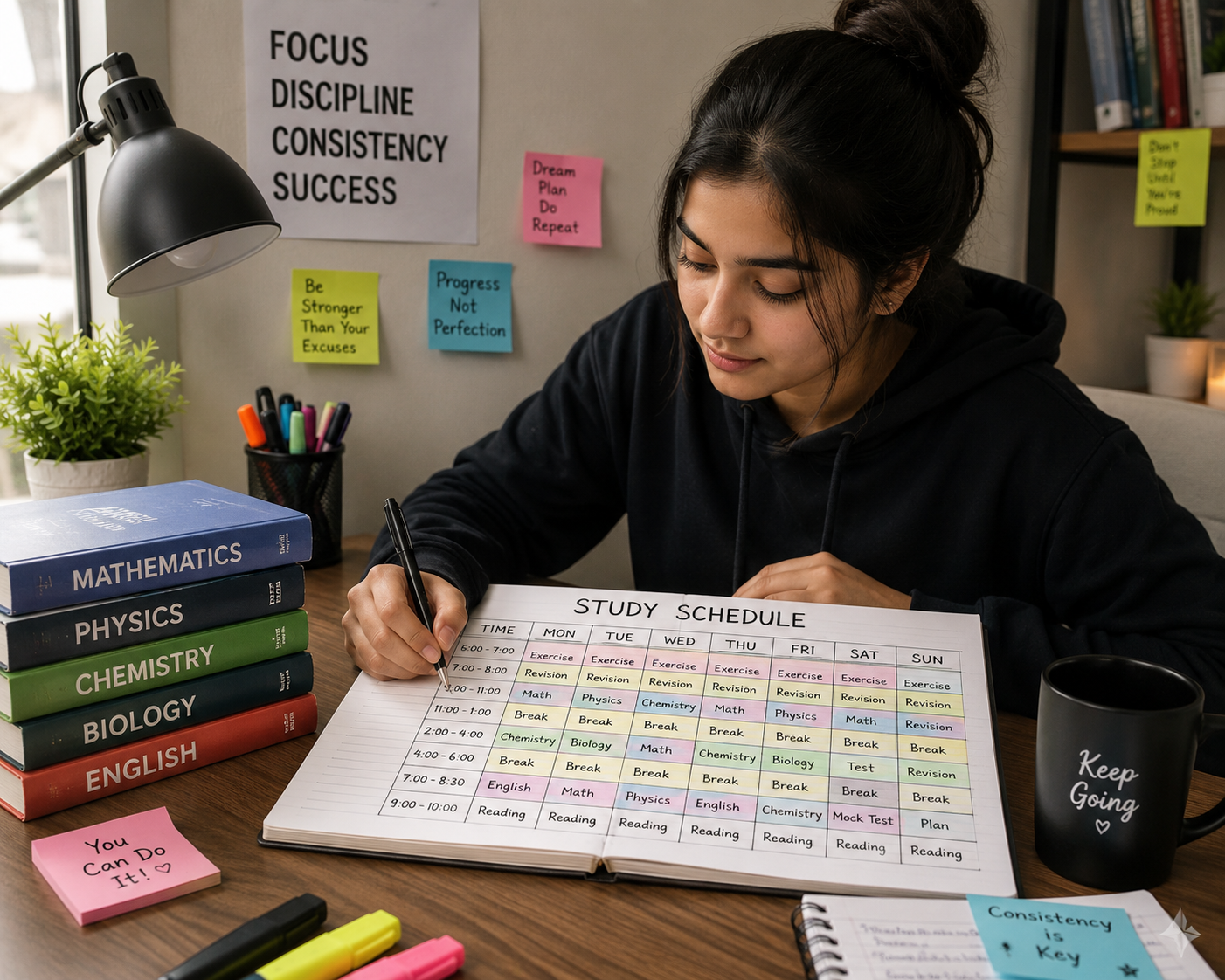 Student with books planning a study schedule